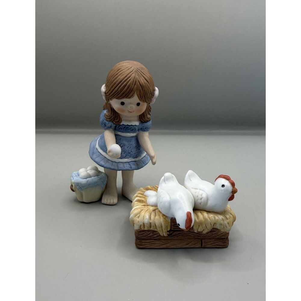 Vintage 1983 Enesco Girl & Chicken Hen Nest Figurines Farm Country Ceramic Set